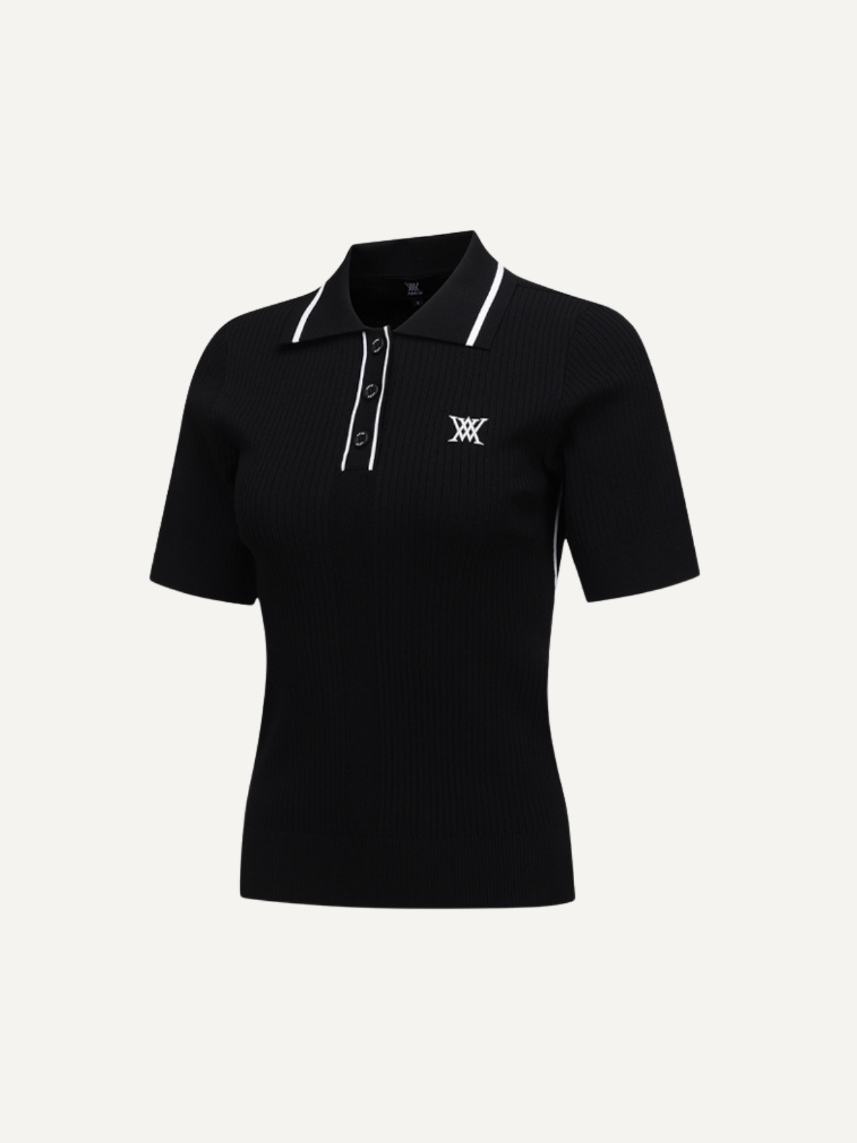 Women’s black golf knit polo short sleeve textured fabric, Anew, side view