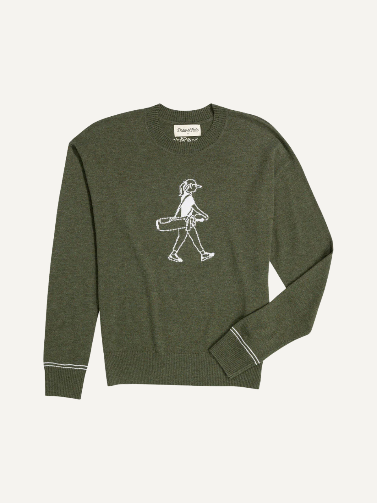 Olive Walking Girl crewneck sweater, front view, Draw & Fade