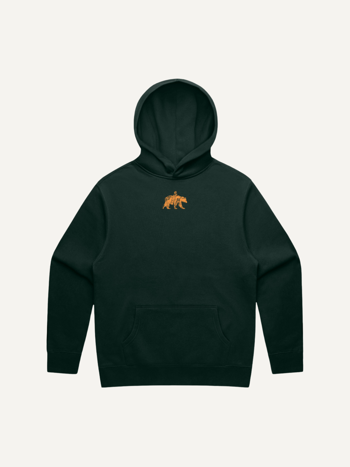 Dark green golf hoodie with bear graphic logo and front pocket, Inland Grove, front view