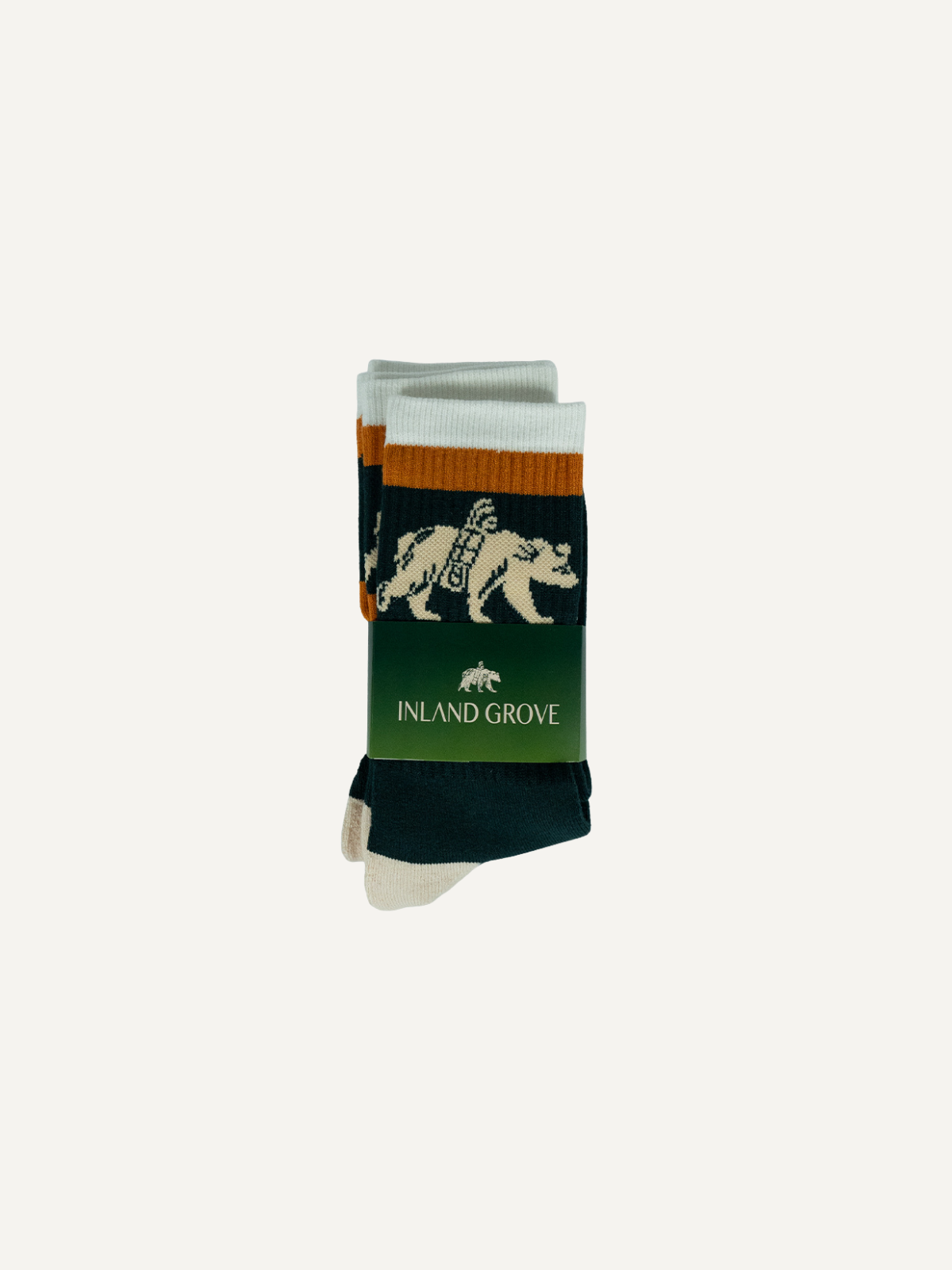 Golf crew socks in green, with white and orange stripe design and bear graphic, Inland Grove, front view