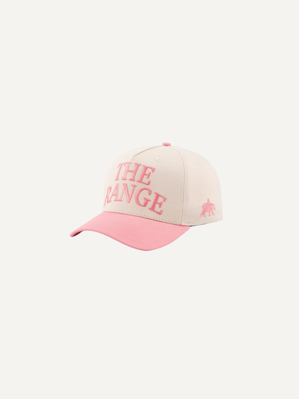 White and pink golf cap embroidered logo detail, Inland Grove, angled view