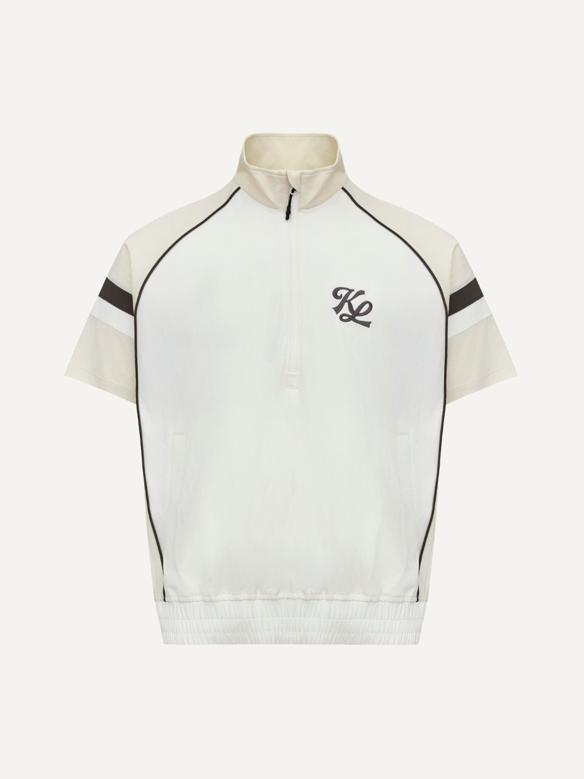 Men’s cream golf windbreaker half-zip with black panel detailing and shield logo, Khalhon, front view