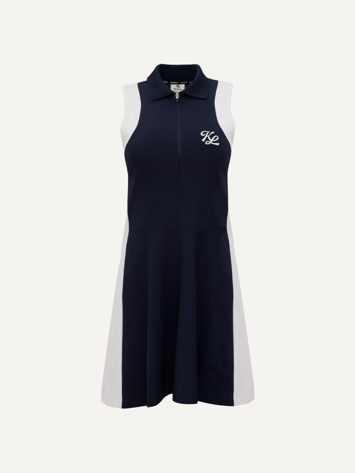 Women’s navy golf dress sleeveless with half-zip collar and contrast panel detailing, Khalhon, front view