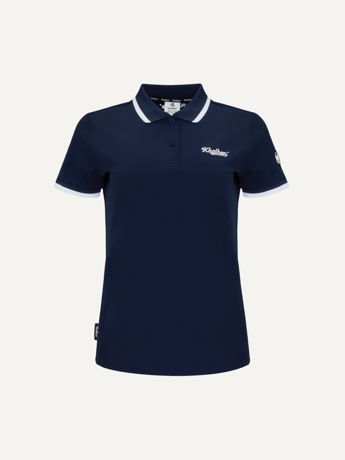 Women’s navy golf polo with white collar and sleeve tipping, Khalhon, front view