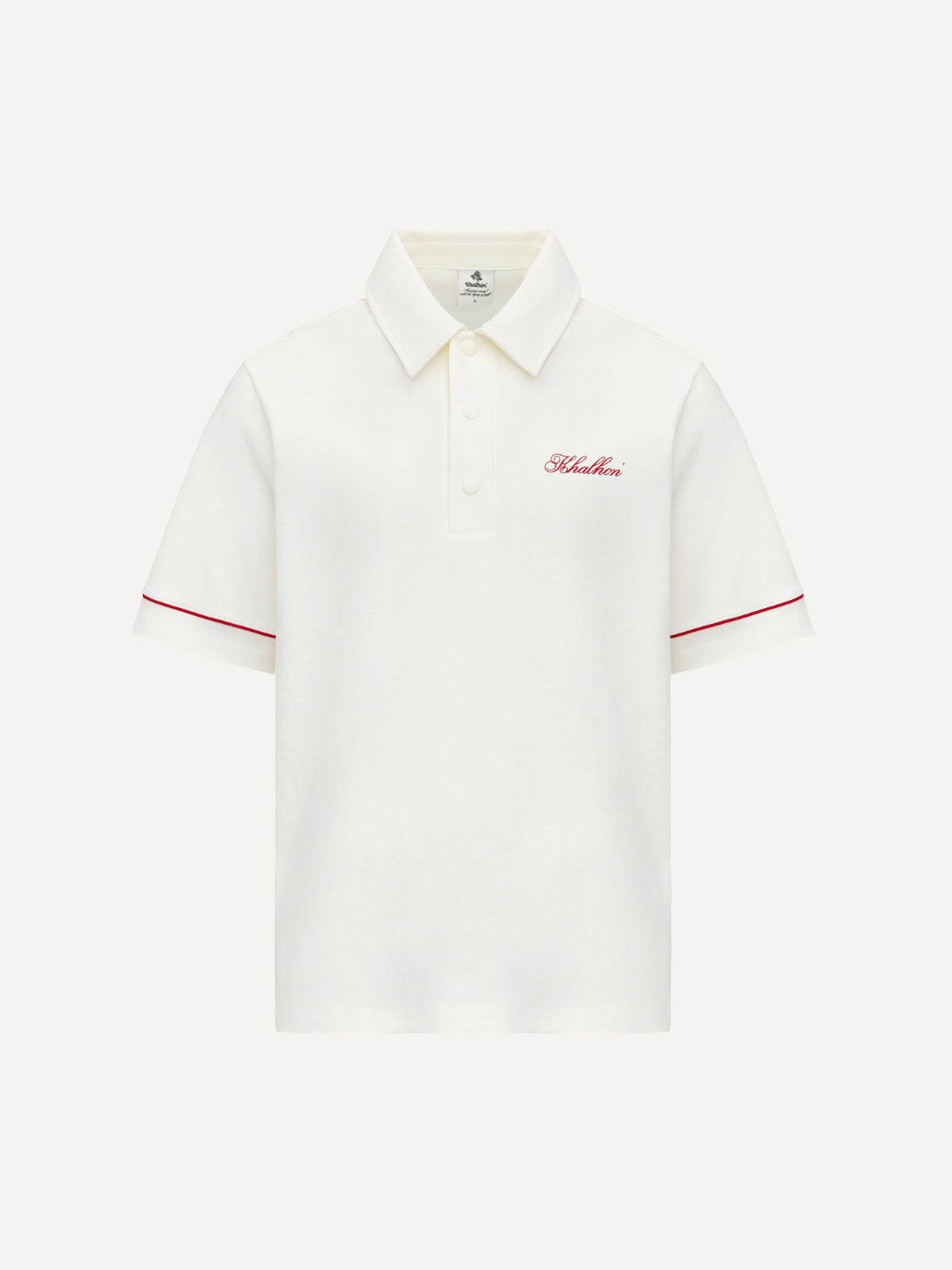Women’s cream golf polo with red sleeve tipping and embroidered logo, Khalhon, front view