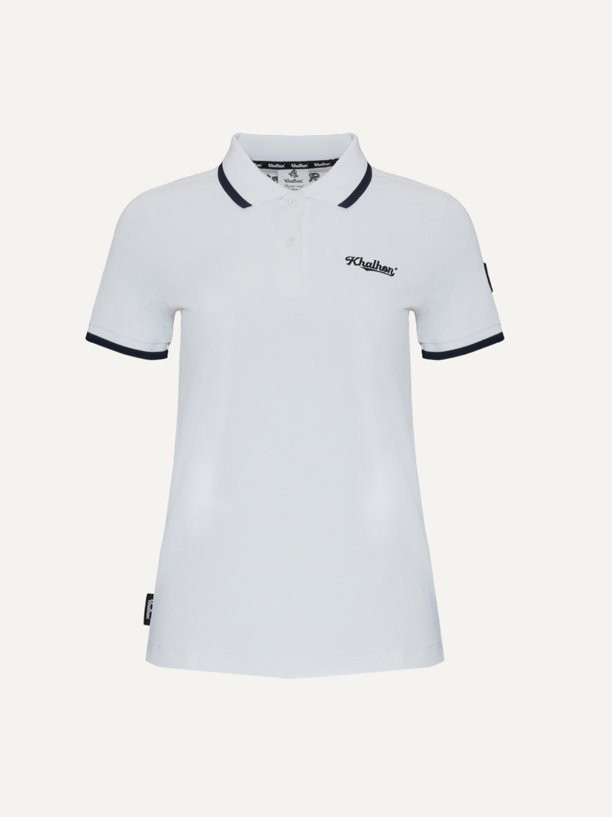 Women’s white golf polo with white collar and sleeve tipping, Khalhon, front view