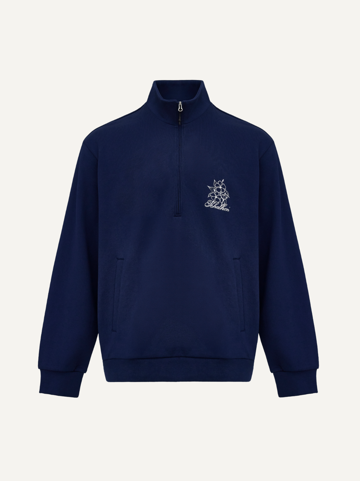 Women’s navy half-zip sweatshirt relaxed fit with embroidered logo, Khalhon, front view