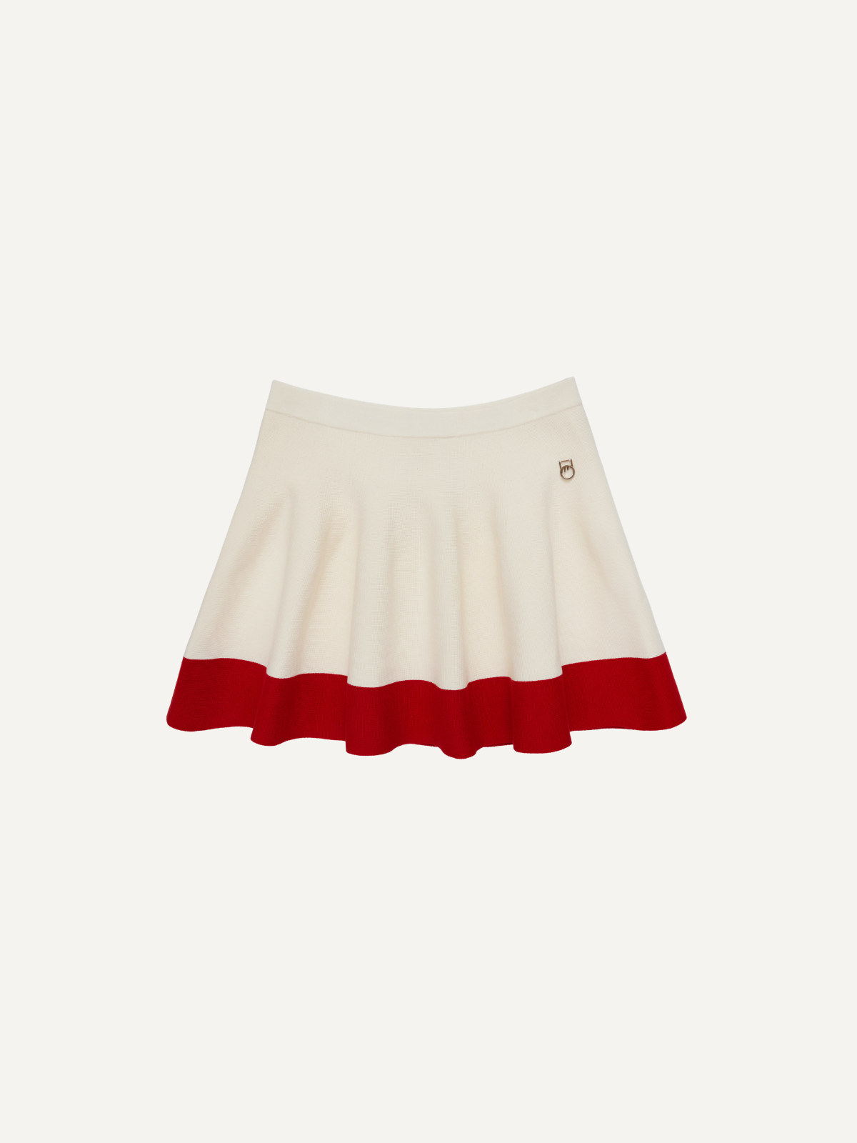 Women’s cream golf knit skirt flared silhouette with red contrast hem, Khalhon, front view