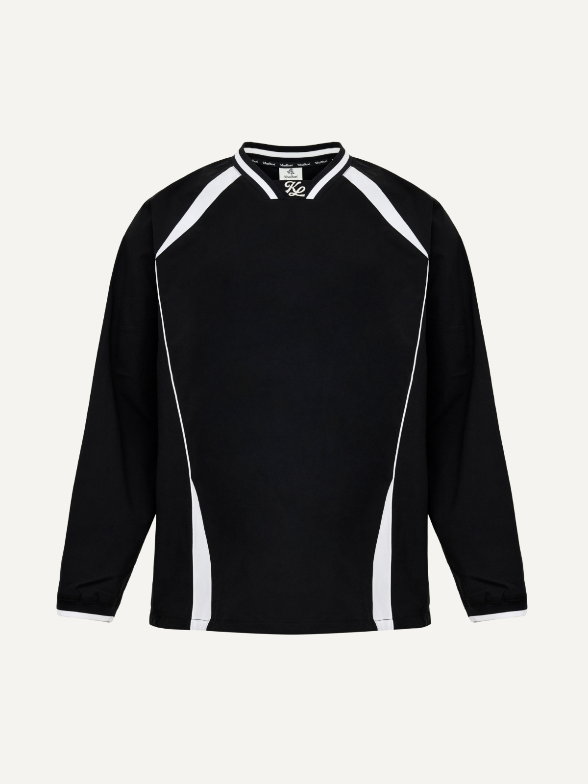 Unisex black long sleeve jersey with white panel detailing, men’s sizing, front view