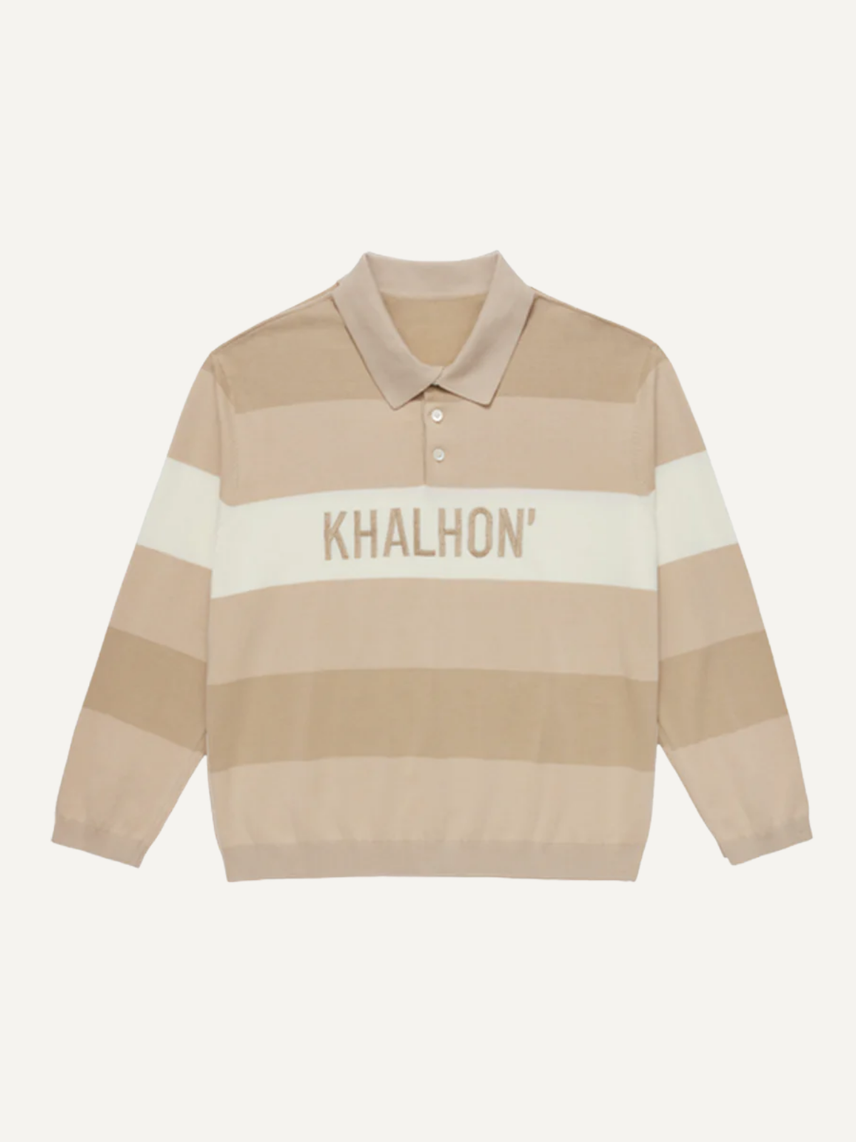 Beige and white striped knit polo top with long sleeves, Khalhon, front view
