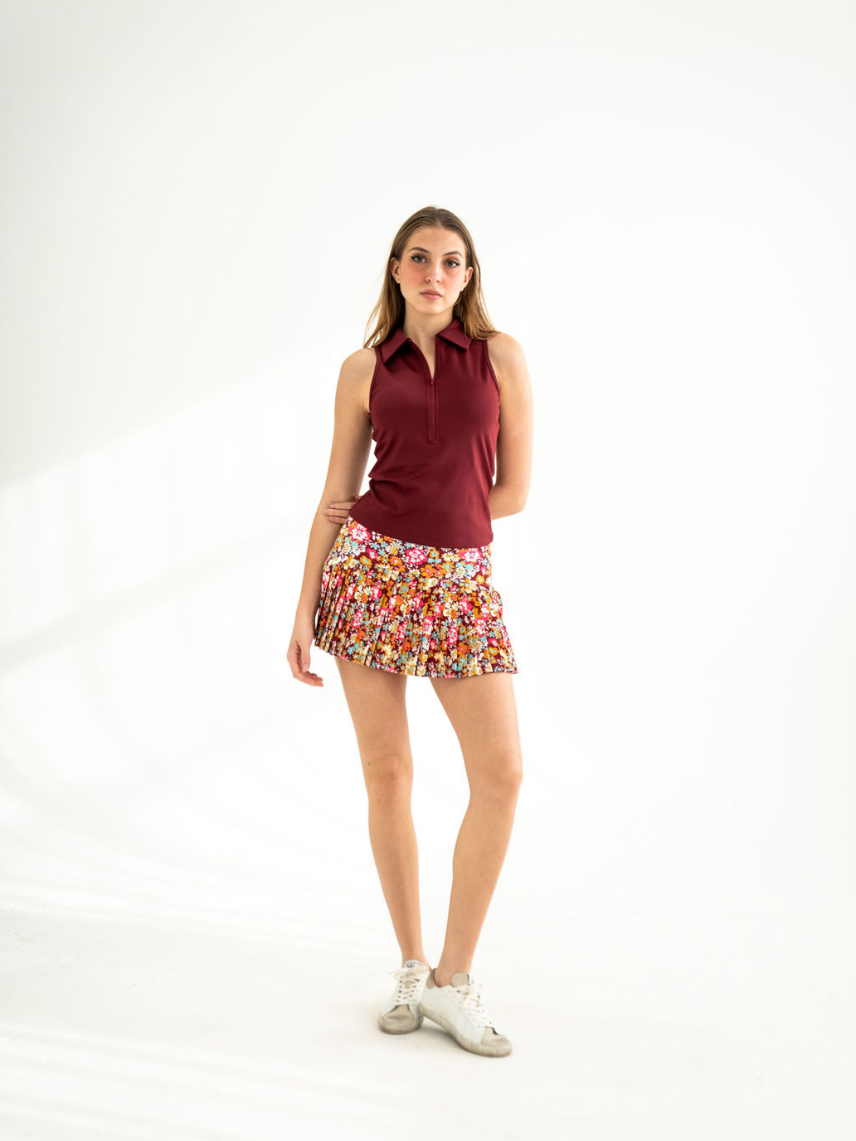 Floral pleated mini skirt in multicolour print, Never a Wallflower, front view