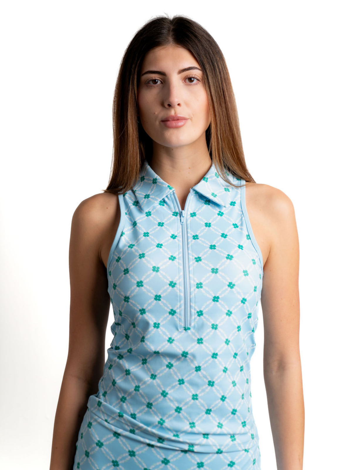 Blue printed sleeveless zip-front polo top with structured collar, Never a Wallflower, front view