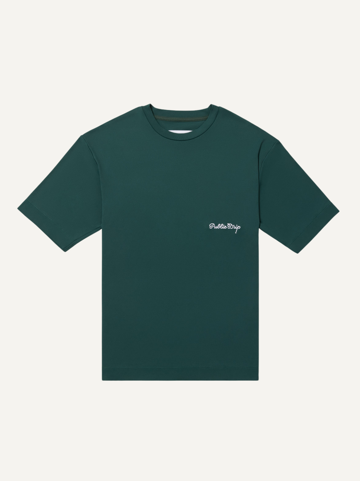 Green elevated tee with relaxed fit and embroidered logo, Public Drip, front view