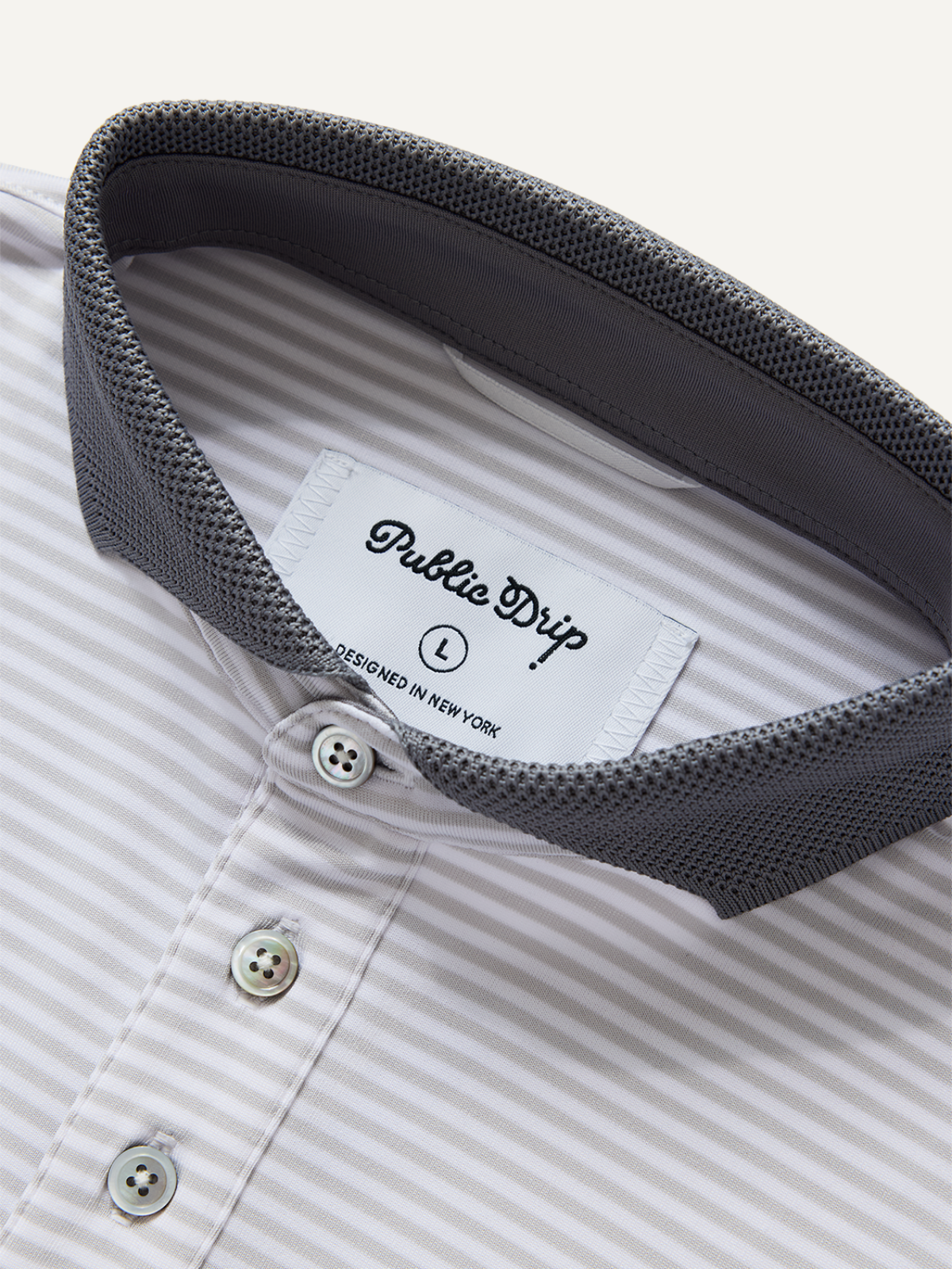 Grey striped performance polo with button placket and collar detail, Public Drip