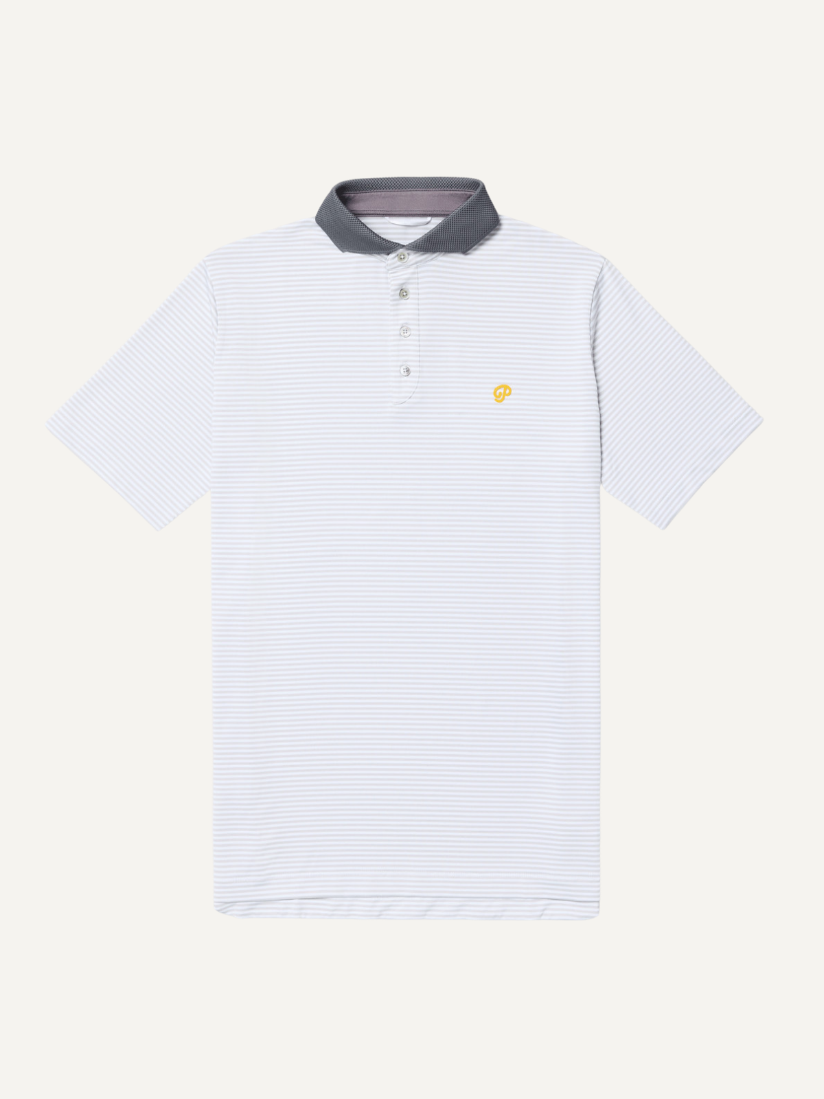 Grey striped performance polo with contrast collar and classic fit, Public Drip, front view