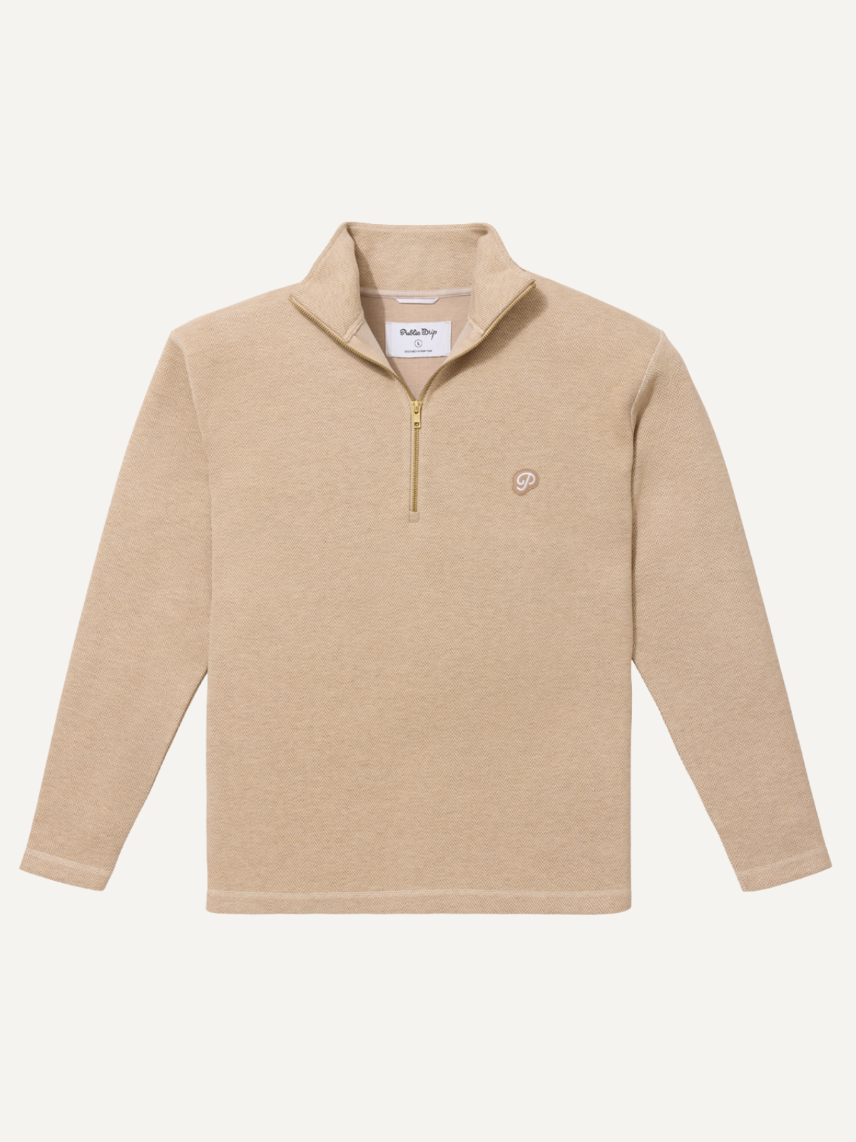 Sand herringbone half-zip knit with textured finish and zip collar detail, Public Drip