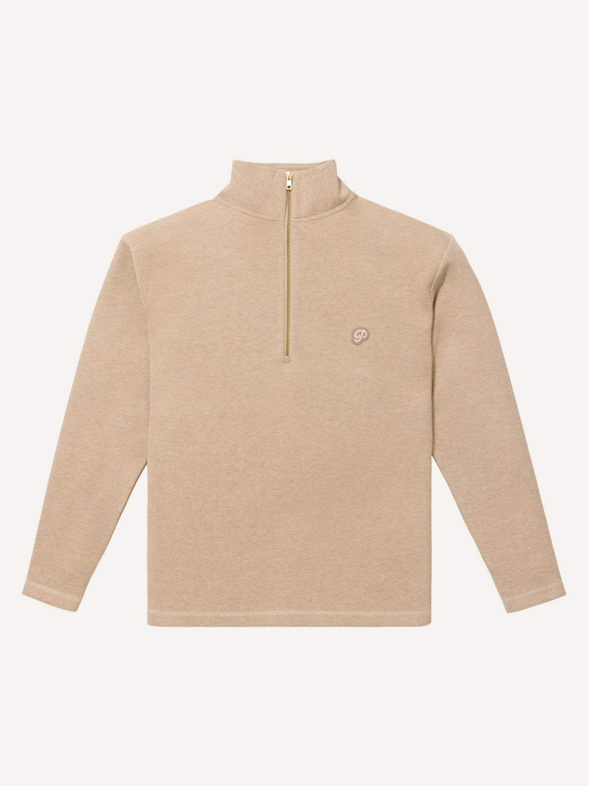 Sand herringbone half-zip knit with stand collar and embroidered logo, Public Drip, front view