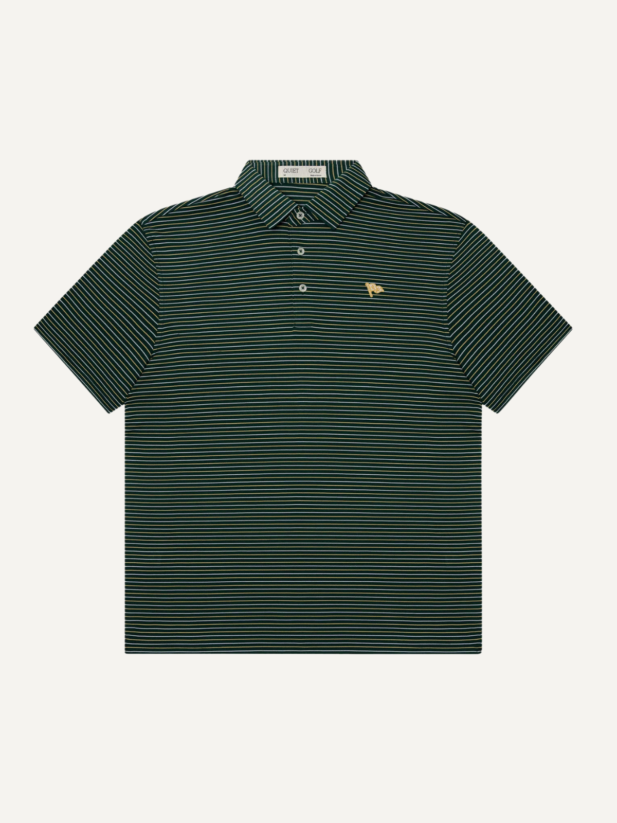 Green striped polo shirt with embroidered logo on chest, Quiet Golf