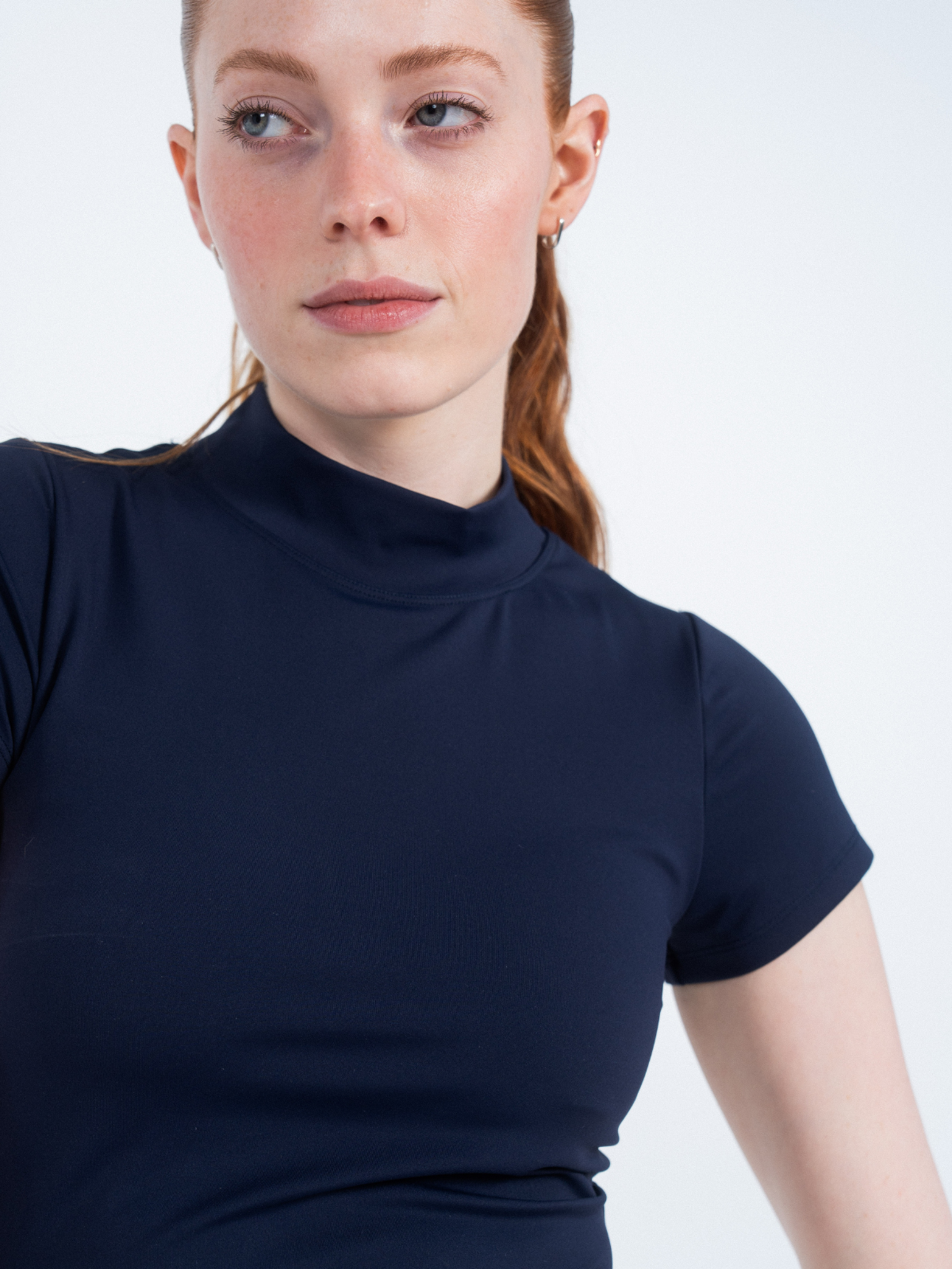 Navy Ready mock neck short sleeve top, front view, Sierra Madre