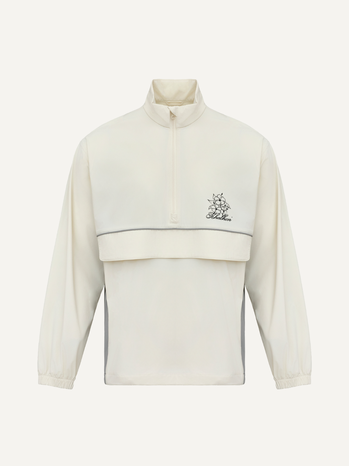 Men’s cream golf windbreaker half-zip anorak style with front pocket and logo, Khalhon, front view
