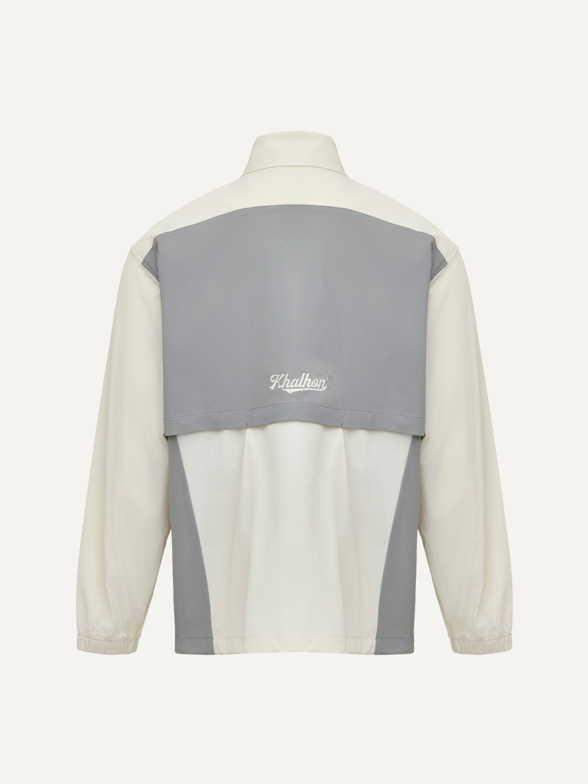 Men’s cream golf windbreaker half-zip with grey panel detailing, Khalhon, back view