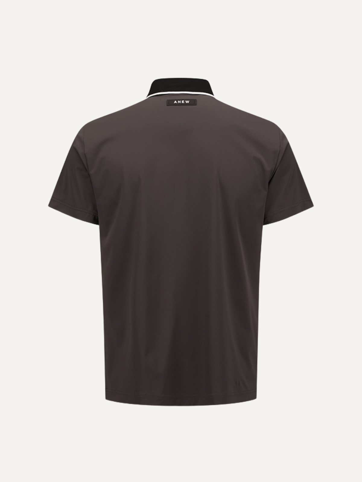 Men’s dark brown golf polo short sleeve with contrast collar, Anew, back view