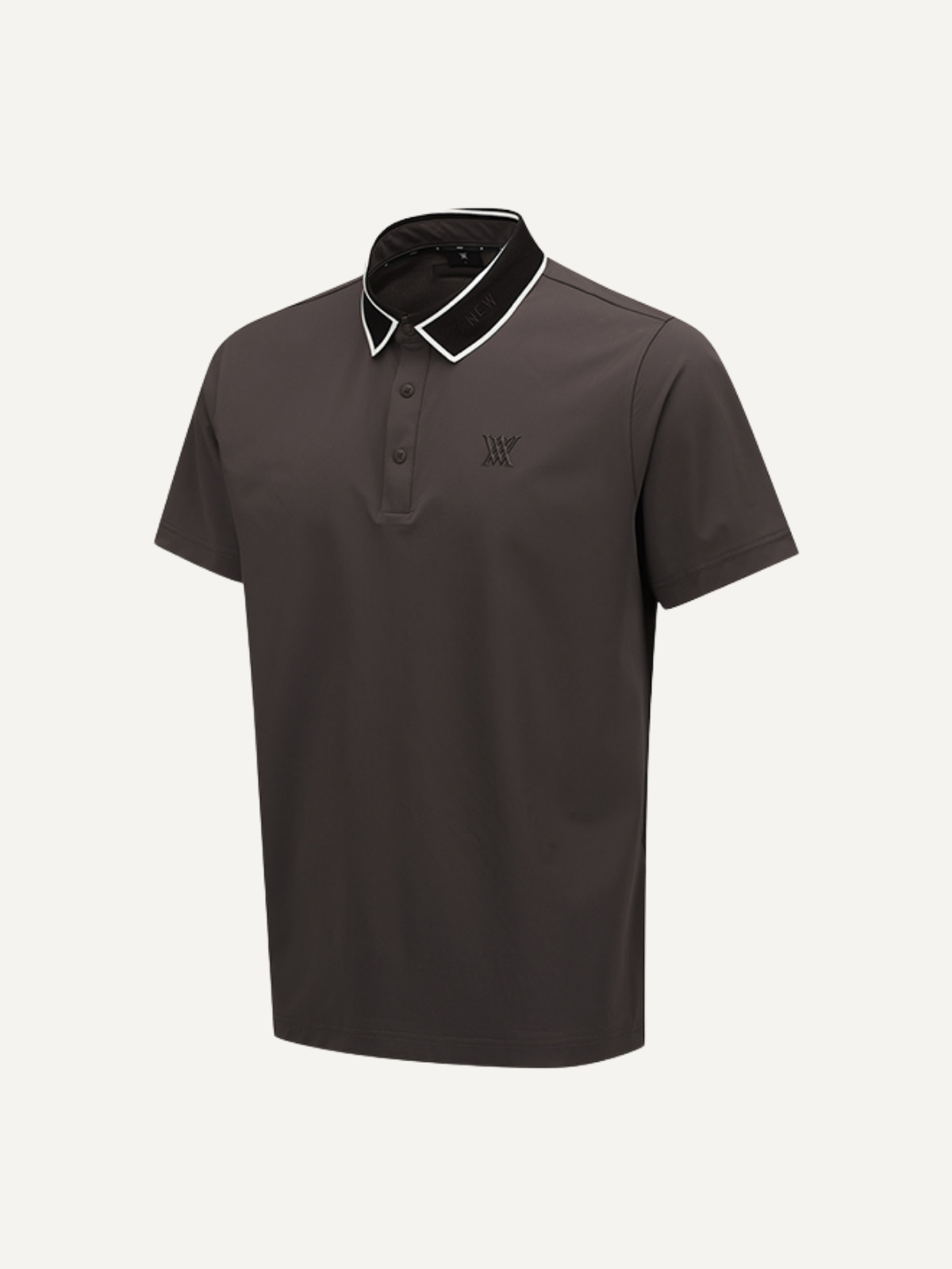 Men’s dark brown golf polo short sleeve with contrast collar, Anew, side view
