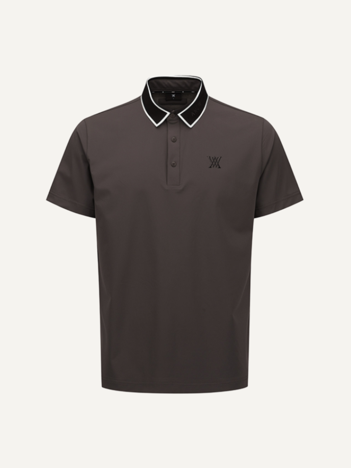 Men’s dark brown golf polo with contrast collar and camo logo detail, Anew, front view