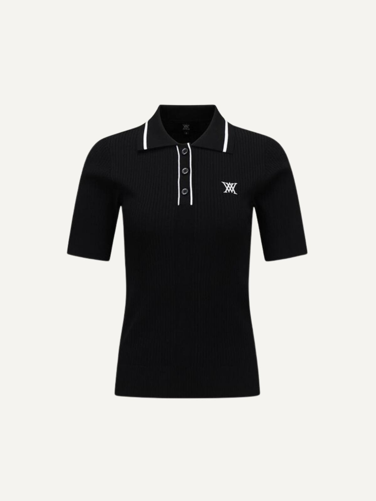 Women’s black golf knit polo short sleeve textured fabric with stripe collar detail, Anew, front view