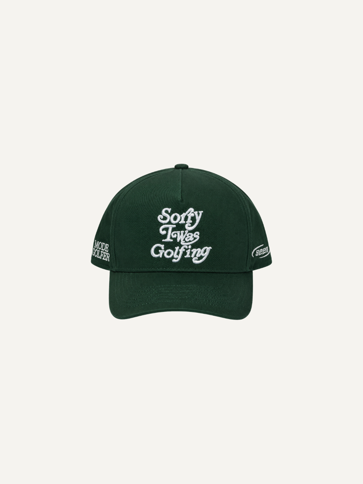Green “Sorry I Was Golfing” cap with white embroidery, front view