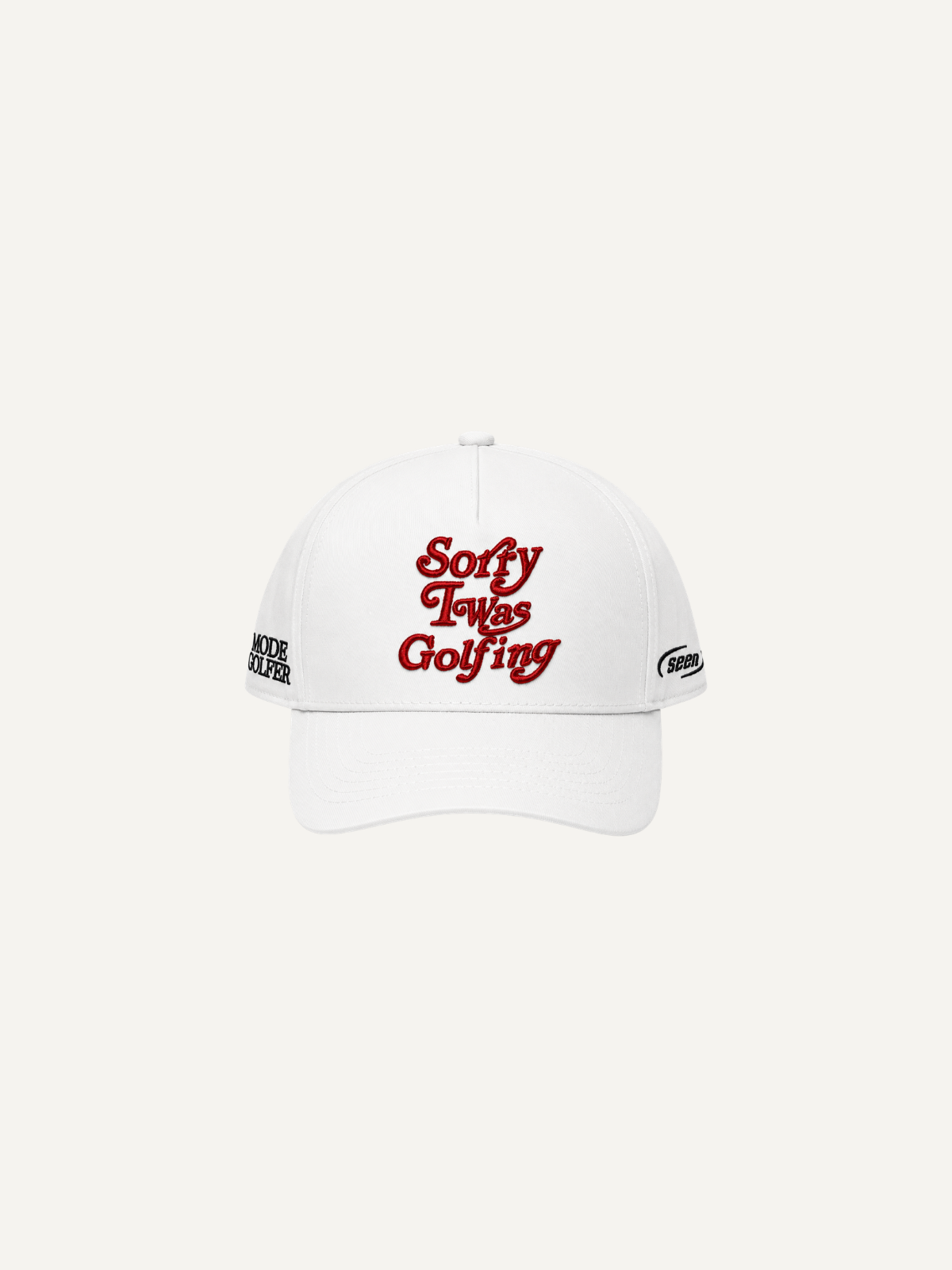 White “Sorry I Was Golfing” cap with red embroidery, front view