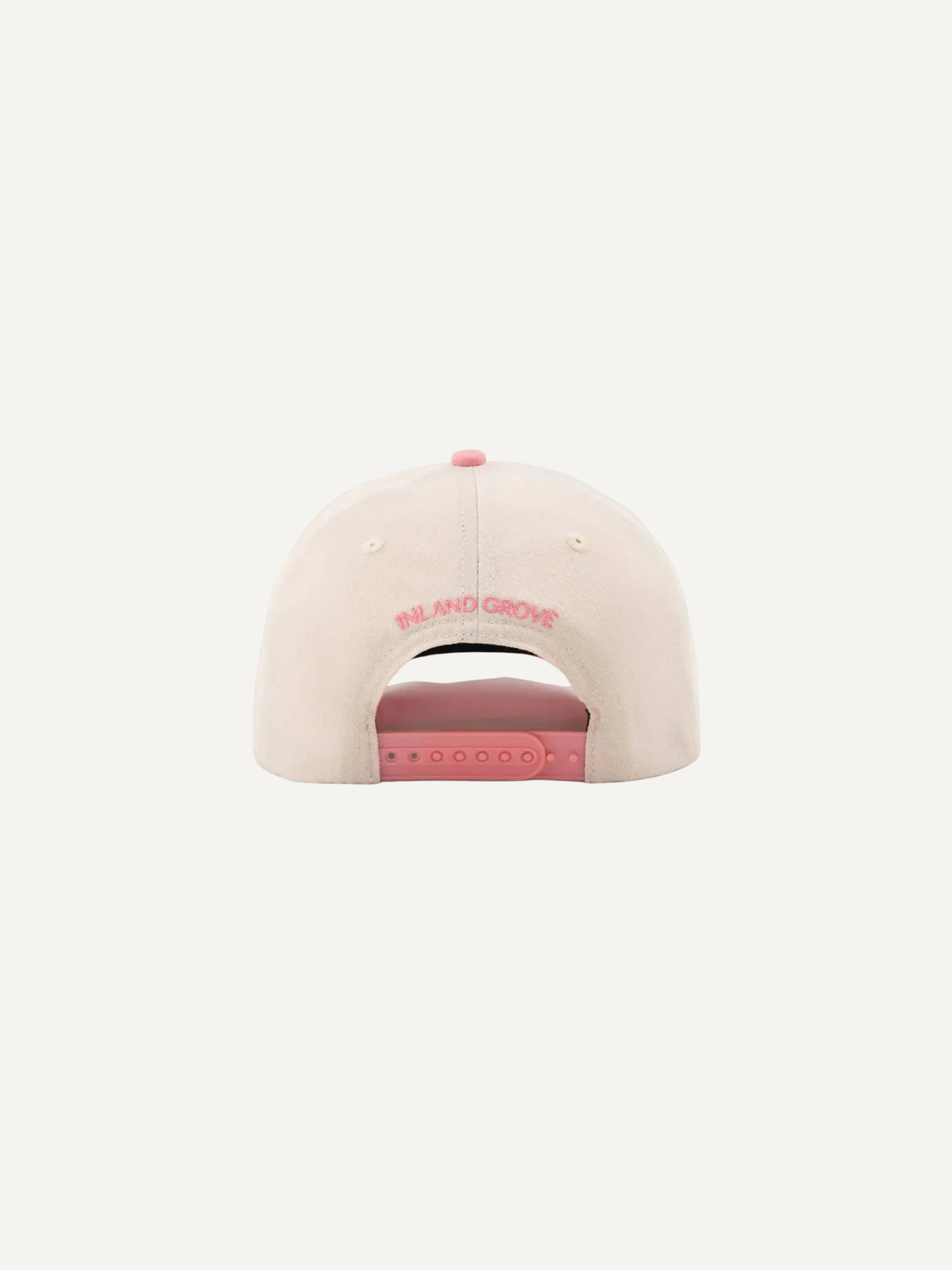 White and pink golf cap adjustable strap closure detail, Inland Grove, back view