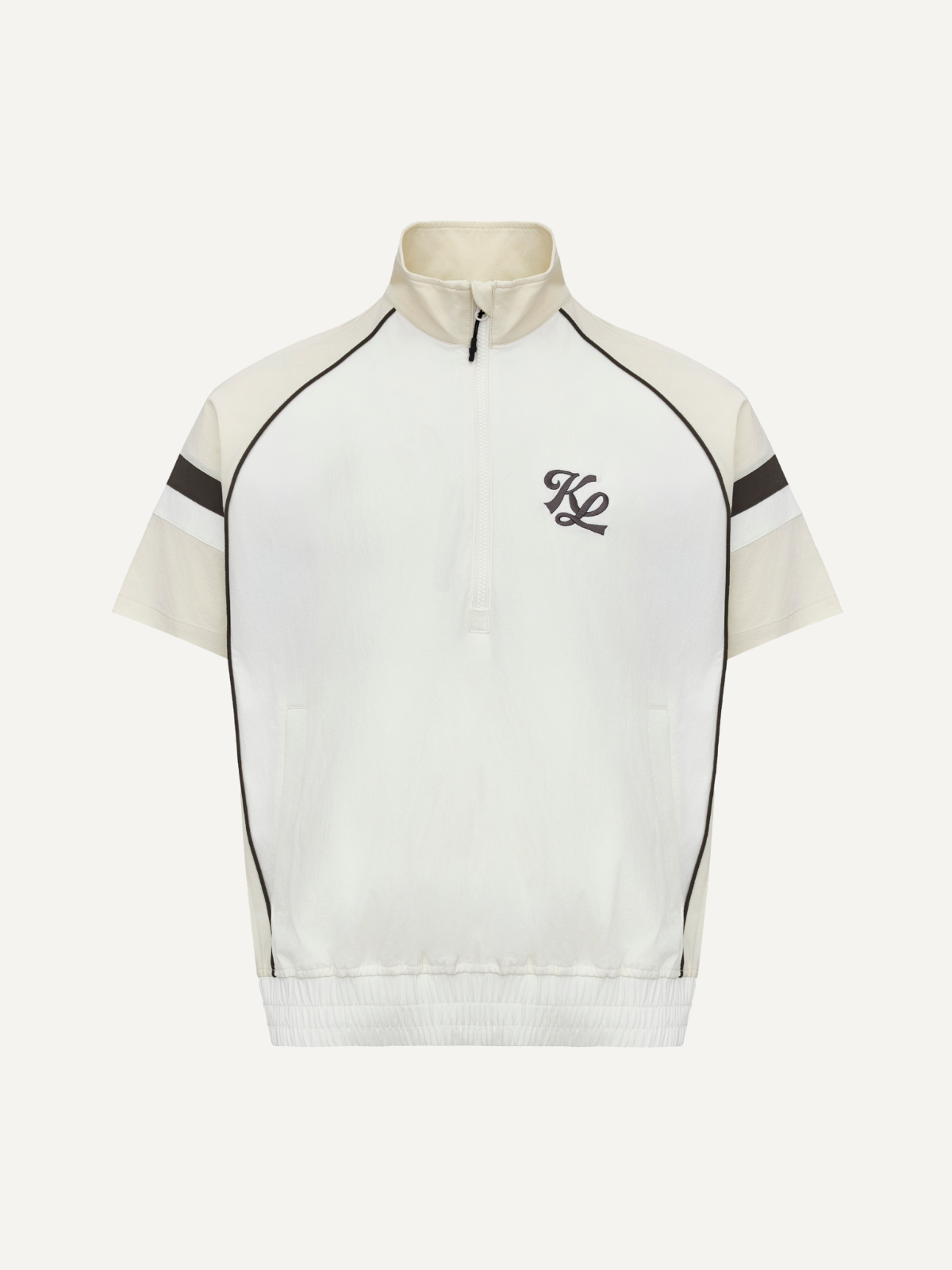 Women’s cream golf windbreaker half-zip with black panel detailing and shield logo, Khalhon, front view
