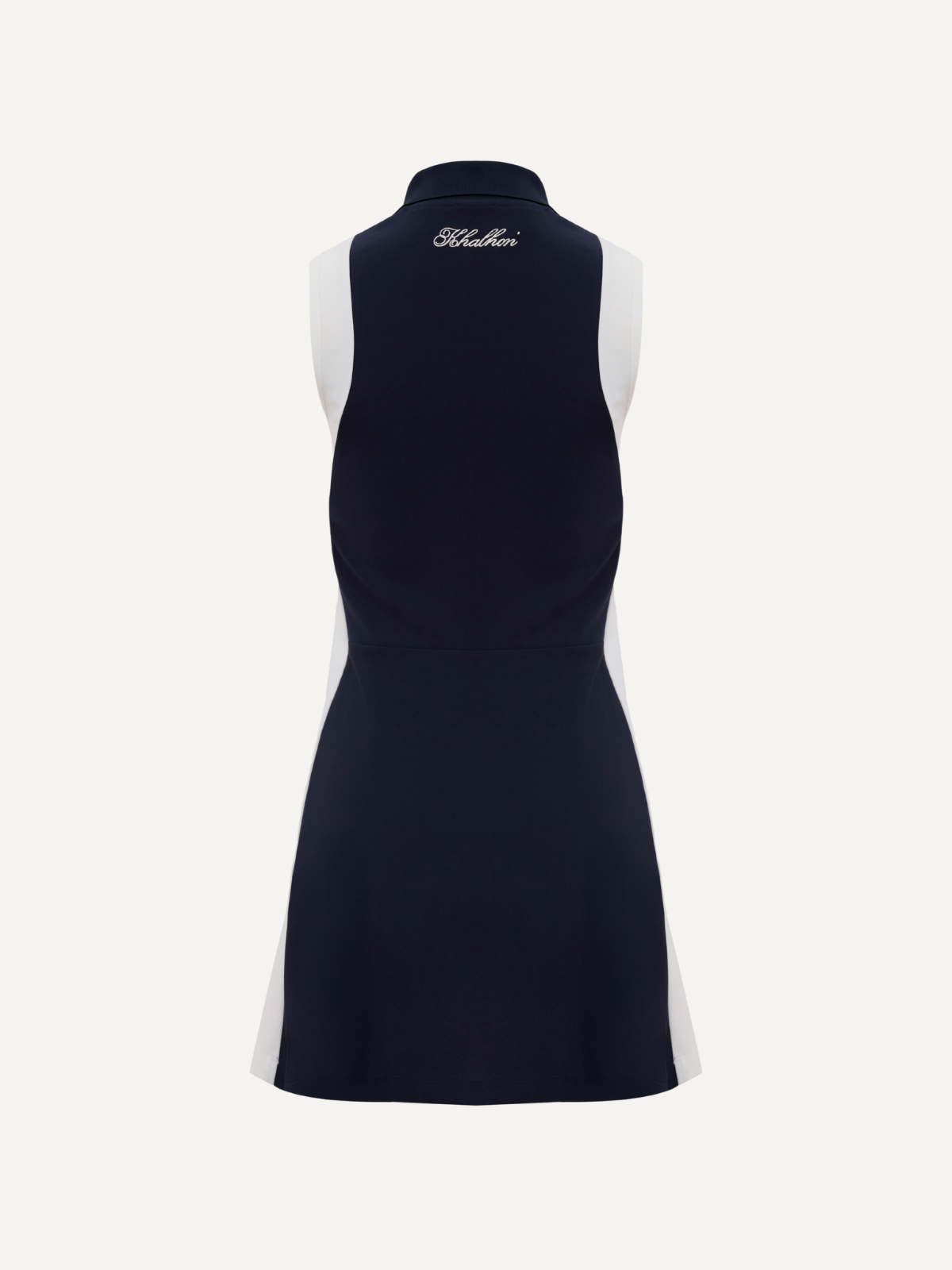 Women’s navy golf dress sleeveless flared silhouette with contrast panels, Khalhon, back view