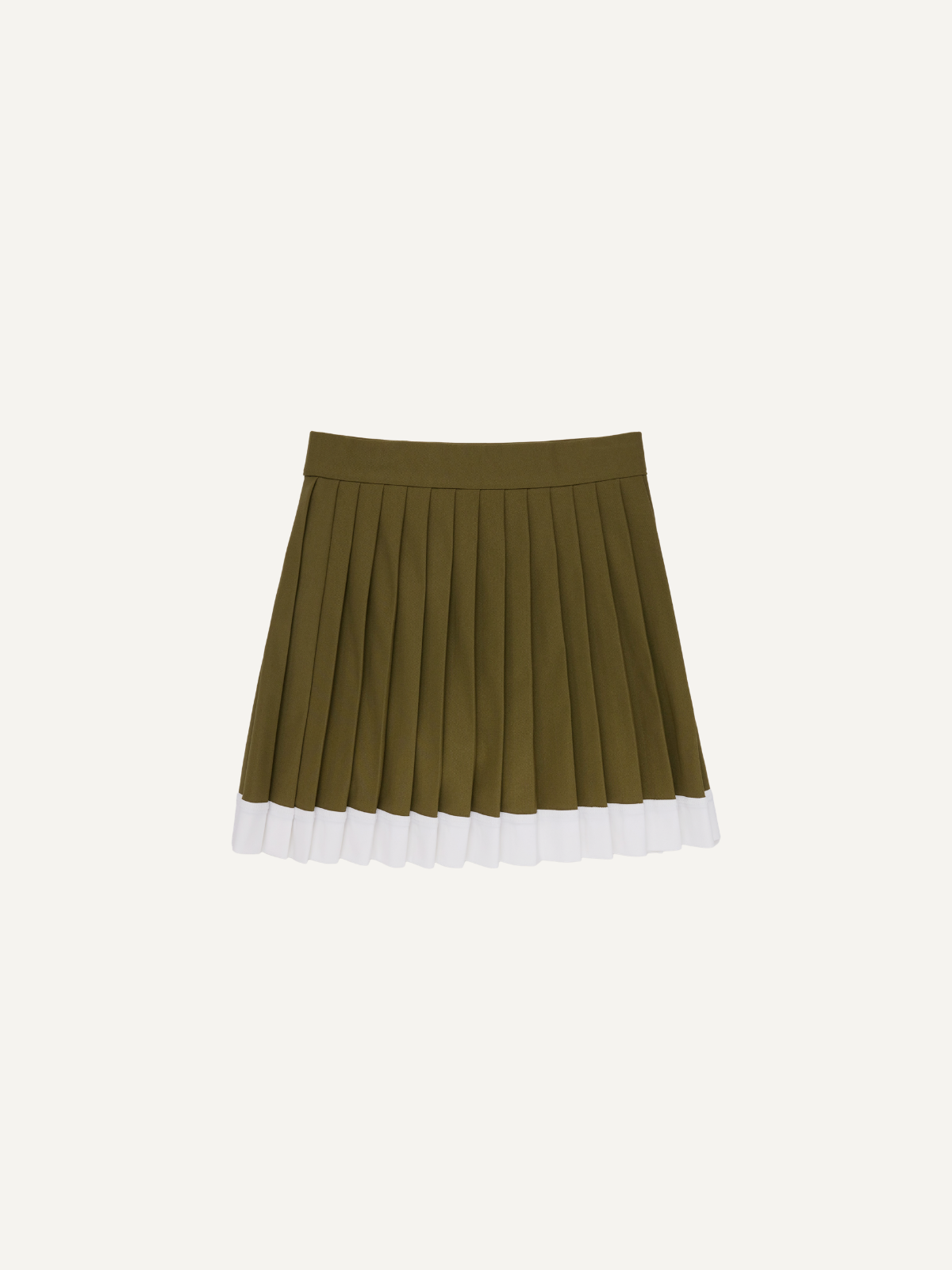 Women’s olive green golf pleated skirt with contrast white hem, Khalhon, back view
