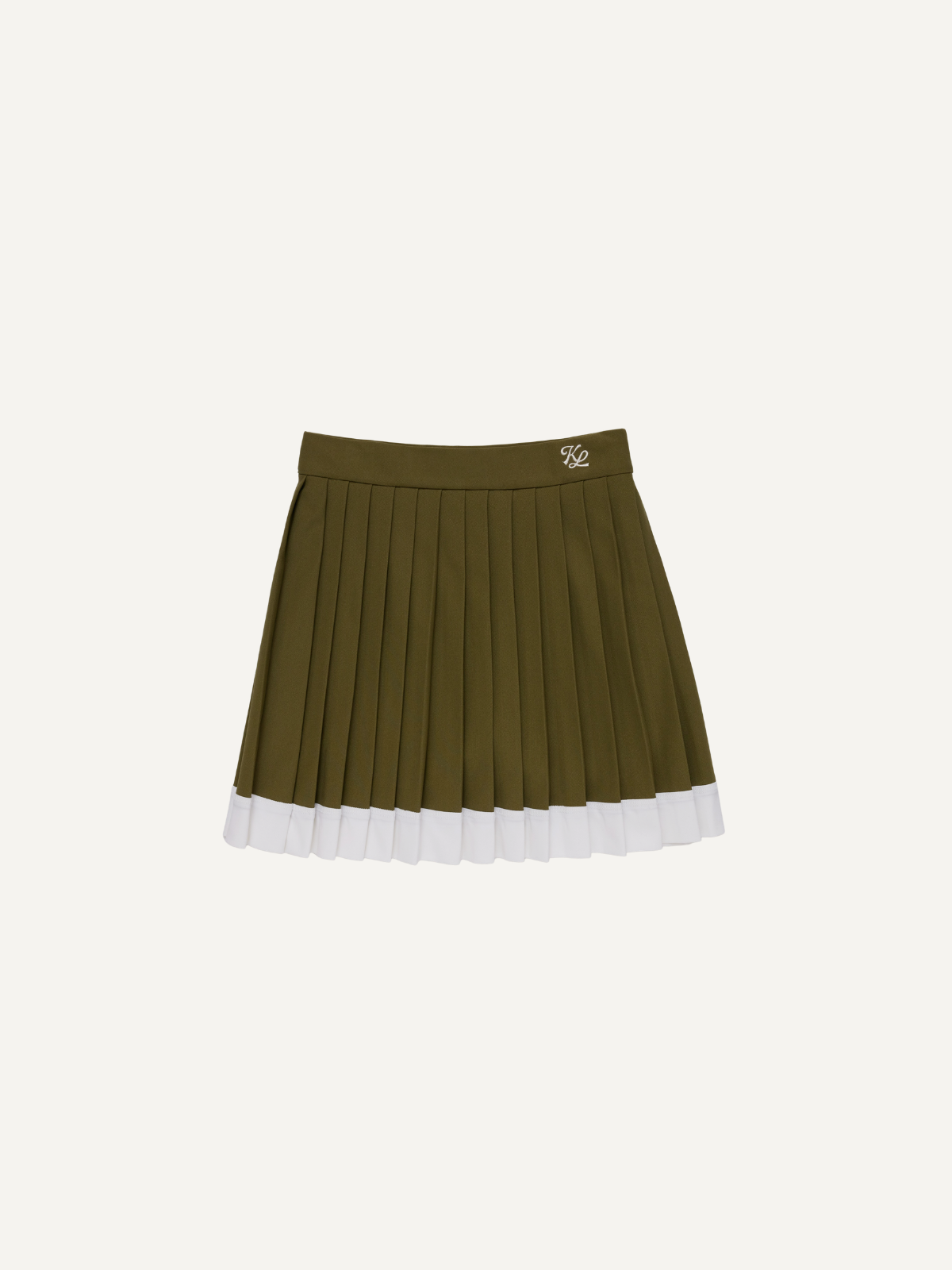 Women’s olive green golf pleated skirt with white hem detail, Khalhon, front view