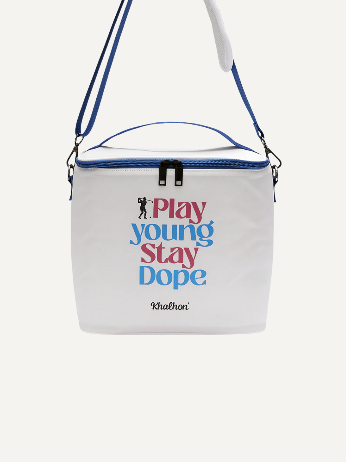 White insulated cooler bag with shoulder strap, Khalhon, front view