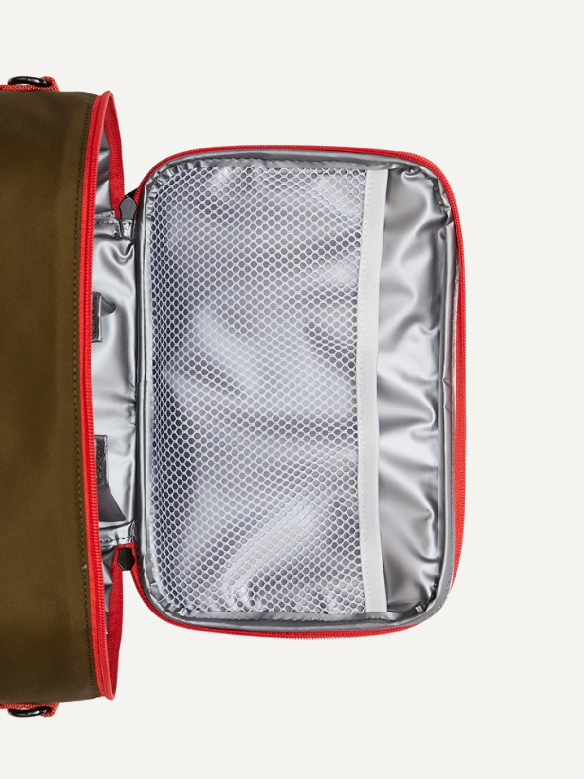 Olive green insulated cooler bag with lined interior and zip closure, Khalhon, inside view