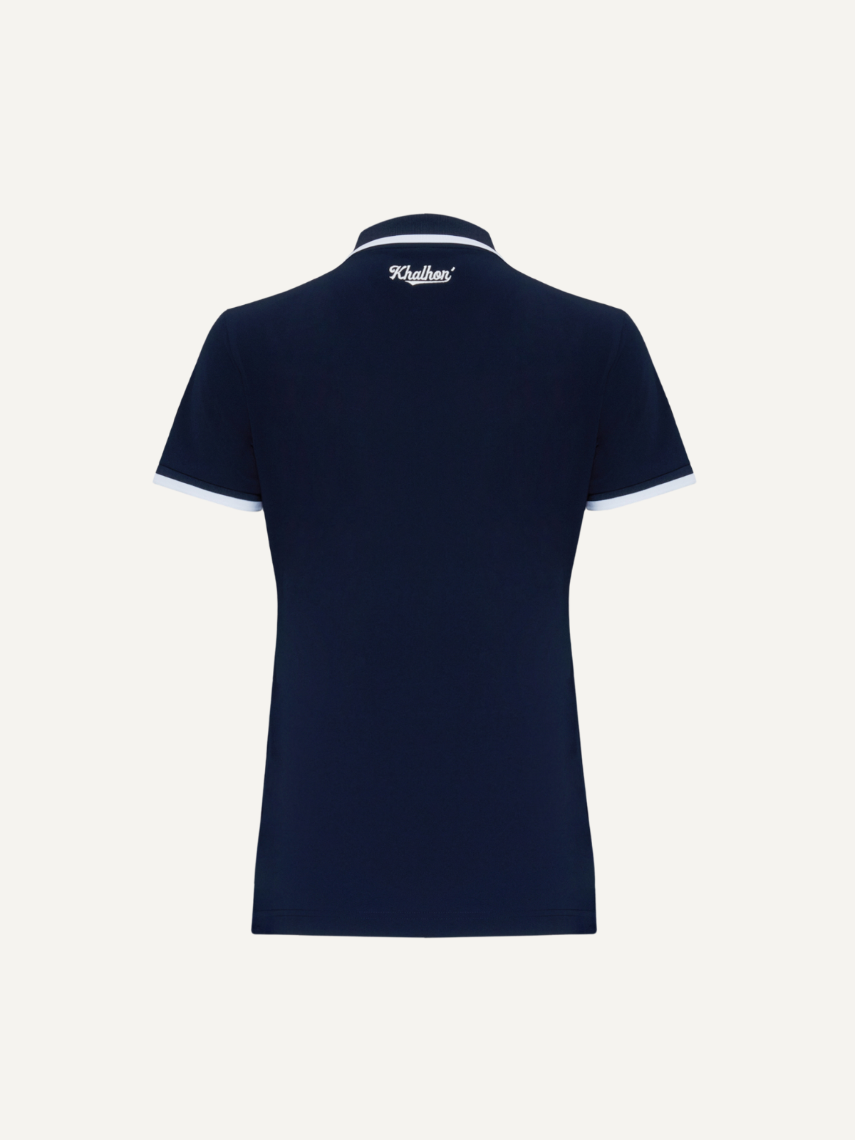 Women’s navy golf polo with white trim, Khalhon, back view