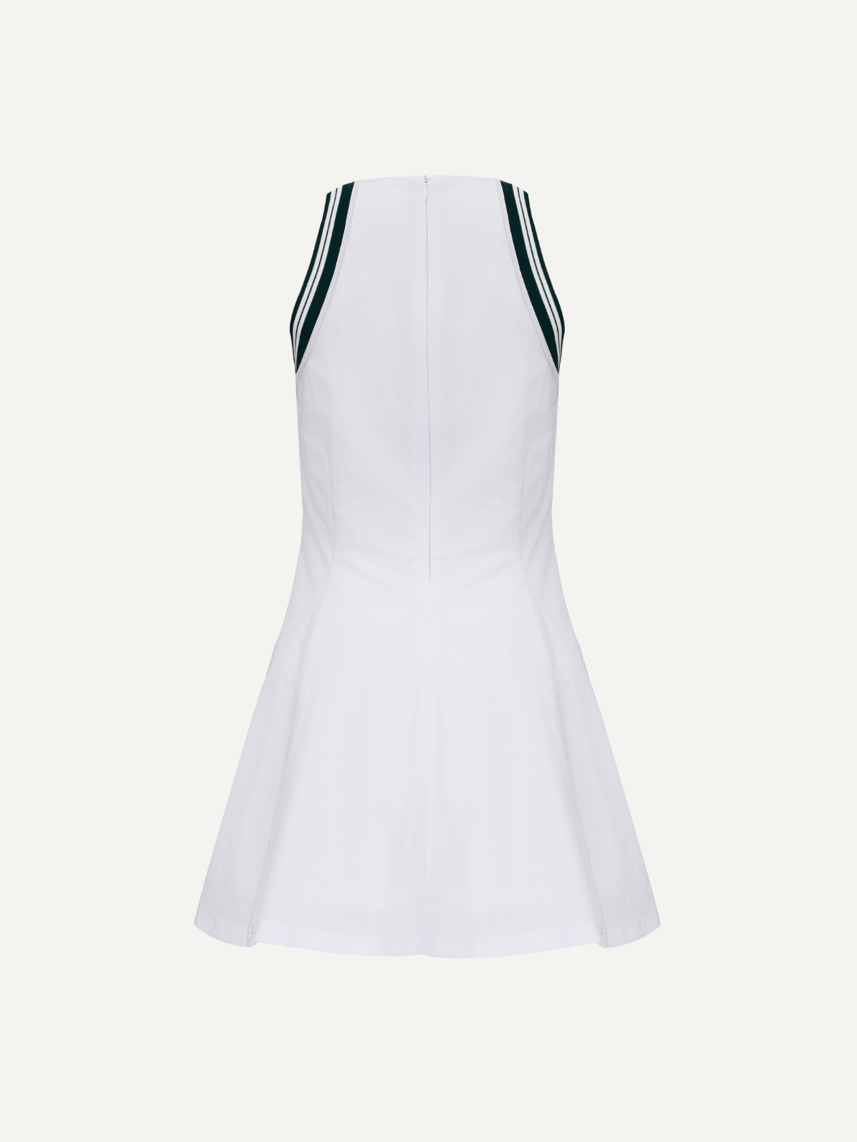 Women’s white golf dress sleeveless flared silhouette with green trim, Khalhon, back view