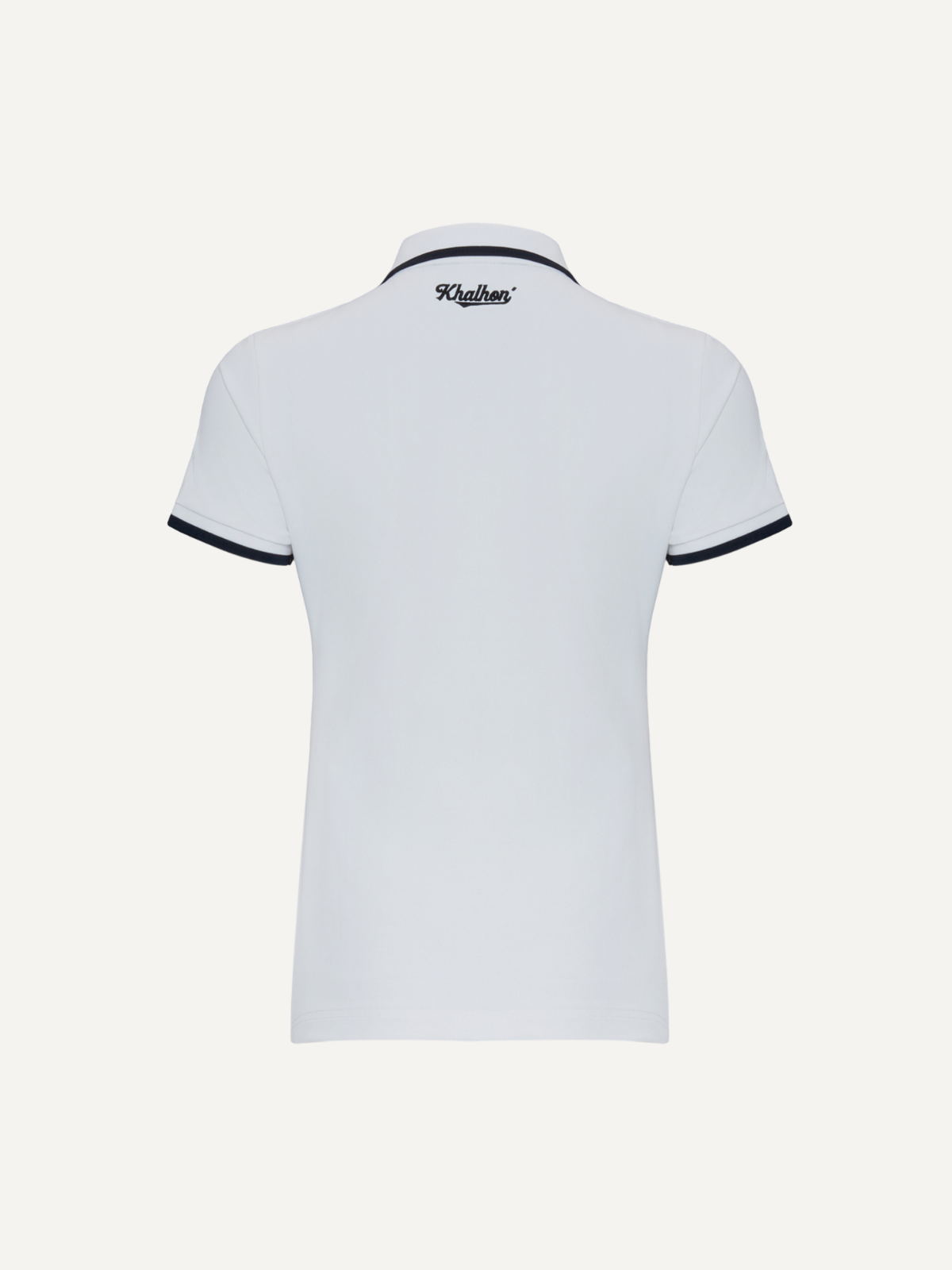 Women’s white golf polo with white trim, Khalhon, back view