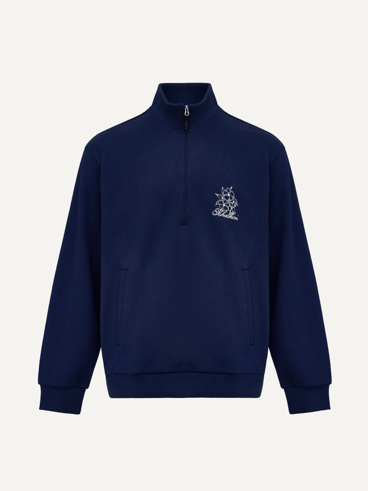 Men’s navy half-zip sweatshirt relaxed fit with embroidered logo, Khalhon, front view