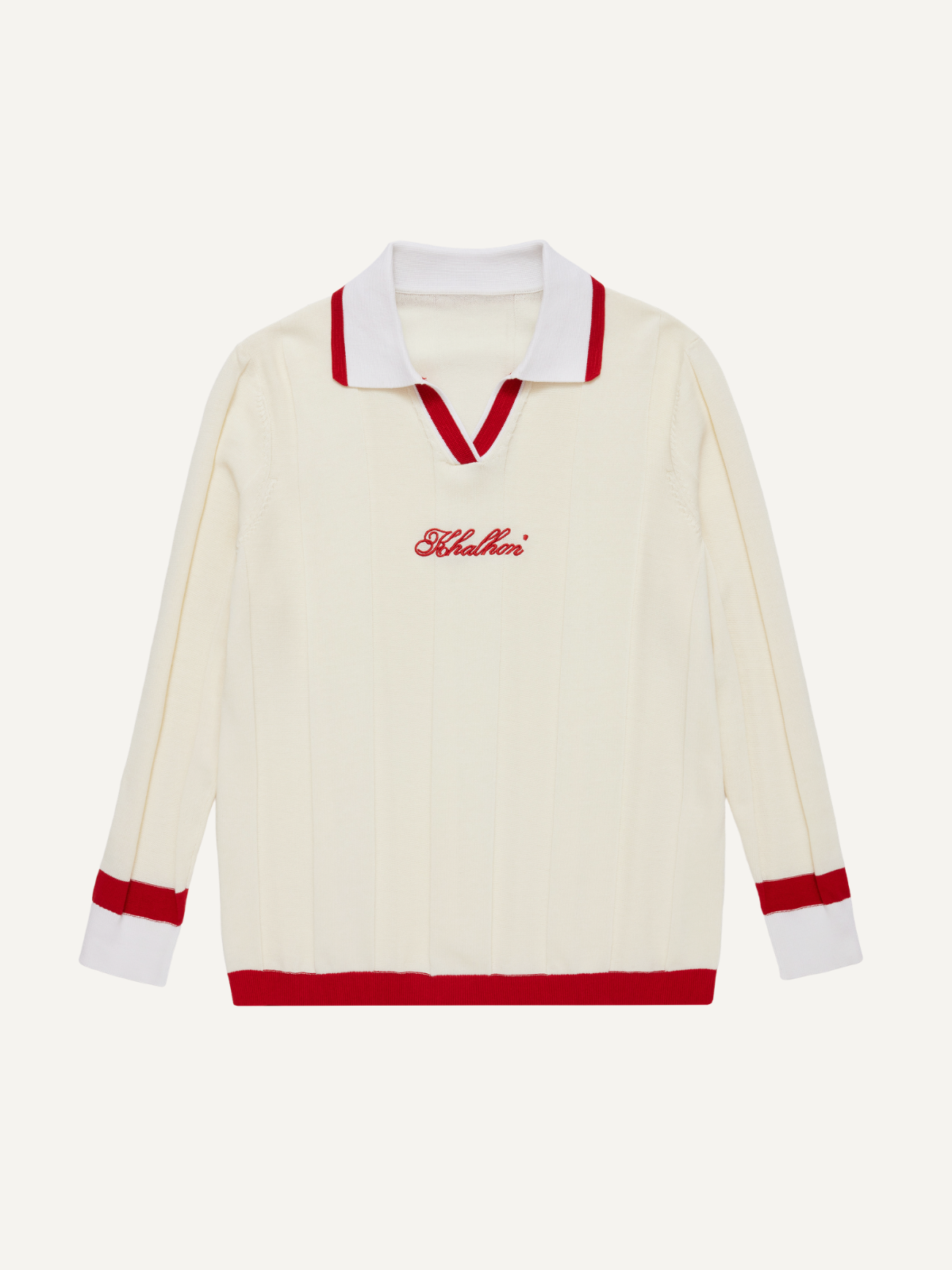 Women’s cream knit golf pullover V-neck, Khalhon, front view