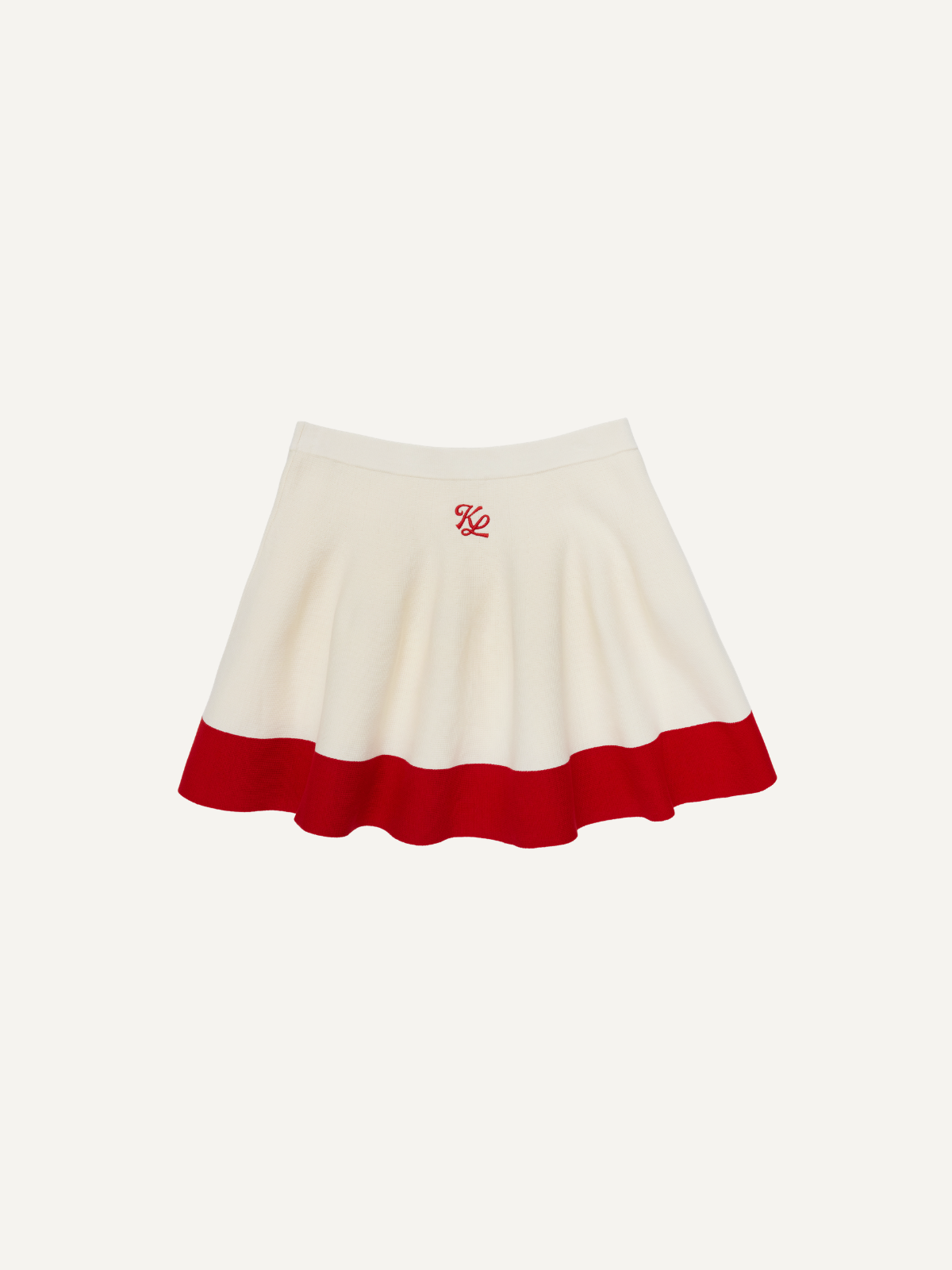 Women’s cream golf knit skirt flared design with red contrast hem, Khalhon, back view