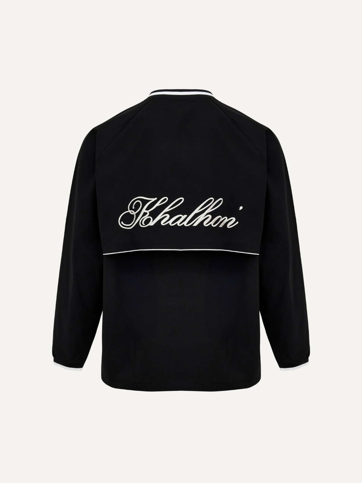 Unisex black long sleeve jersey with contrast panel detailing, men’s sizing, back view