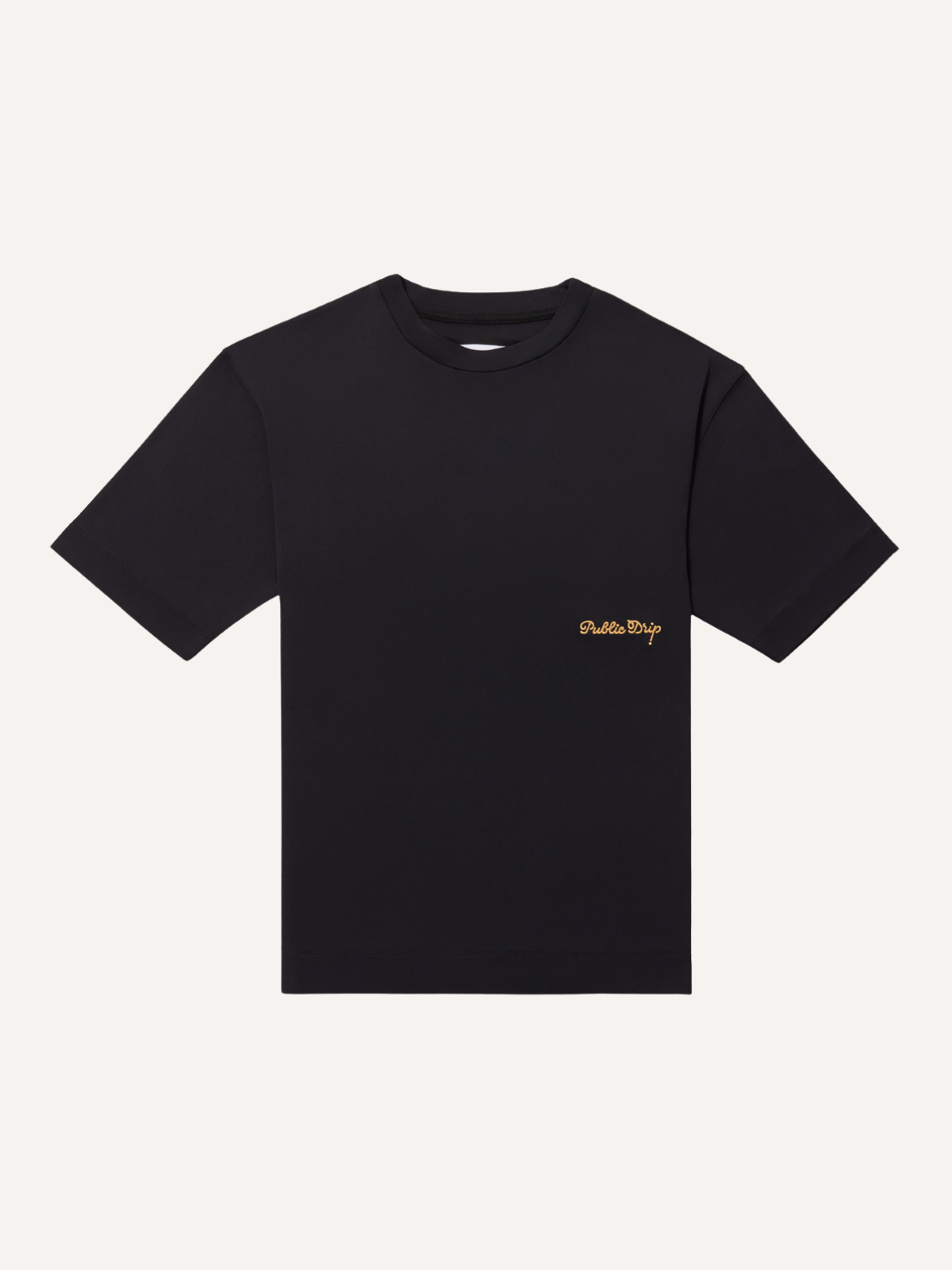 Black elevated tee with relaxed fit and embroidered logo, Public Drip, front view