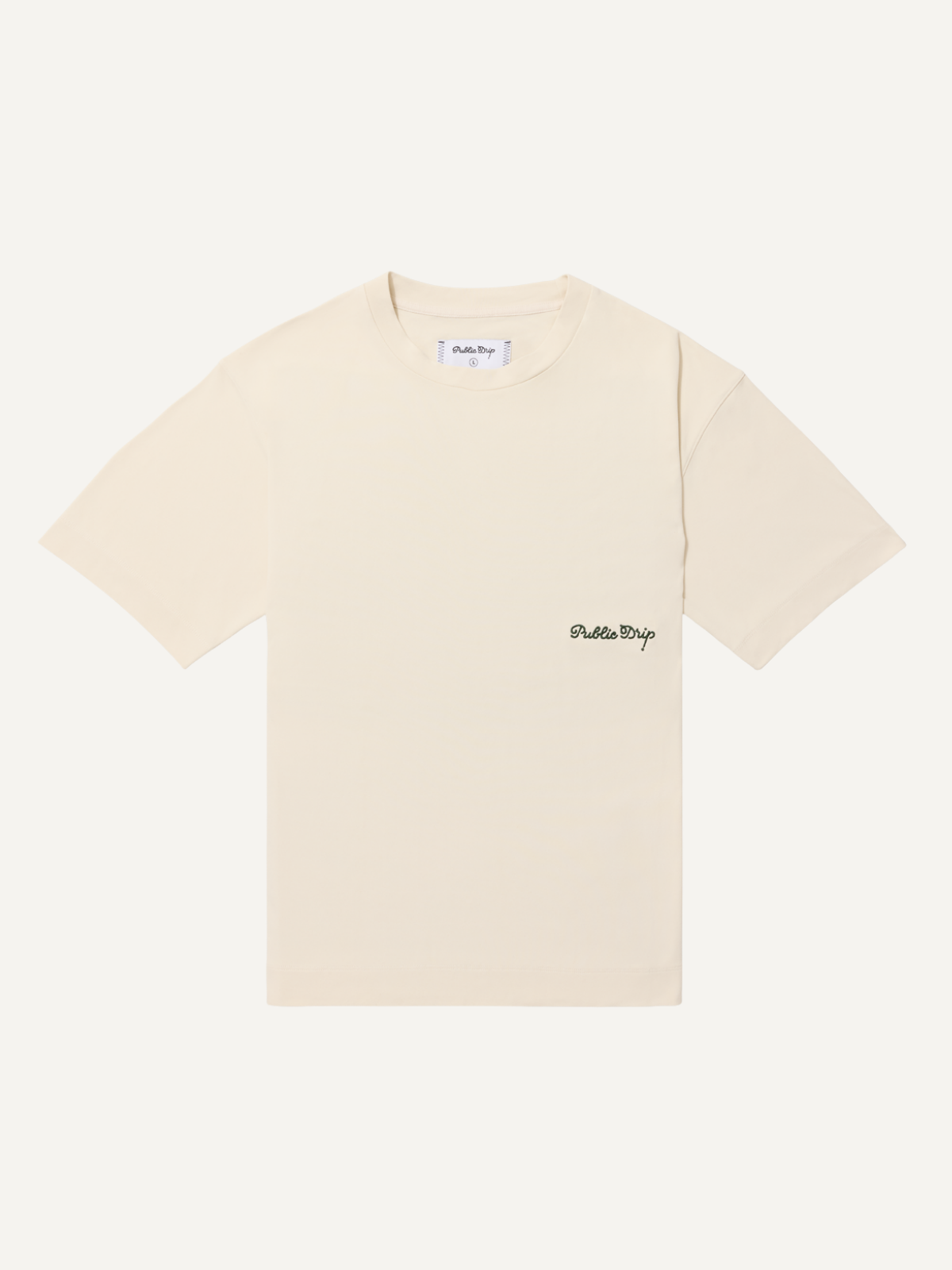 Cream elevated tee with relaxed fit and embroidered logo, Public Drip, front view