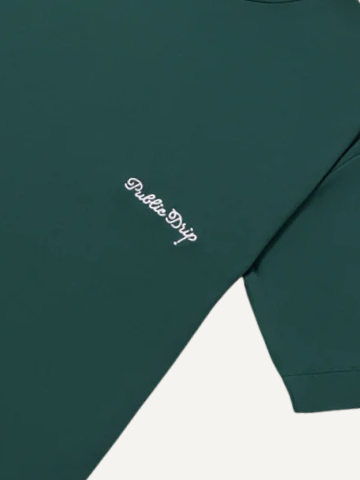 Green elevated tee with embroidered logo detail, Public Drip