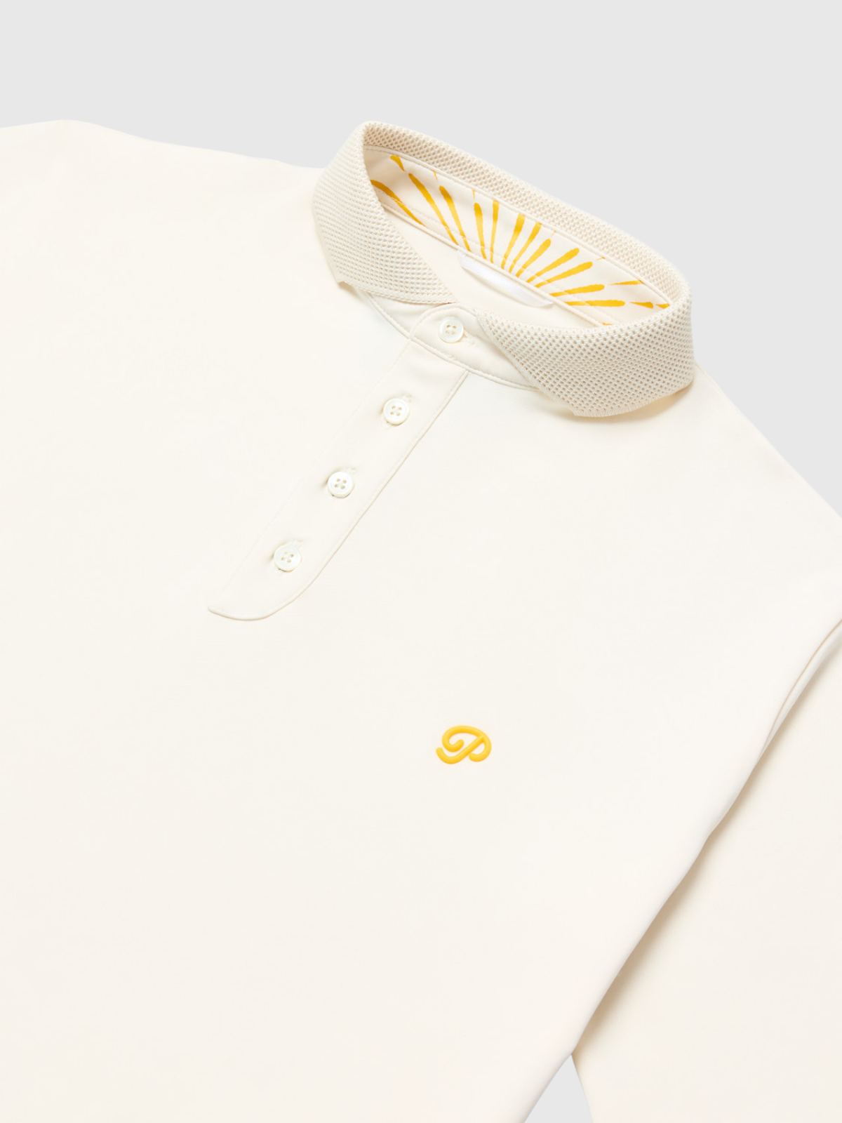 White performance polo with embroidered logo and button placket detail, Public Drip