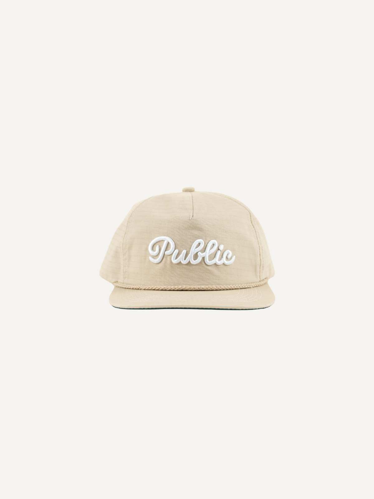 Sand rope cap with embroidered logo, Public Drip, front view